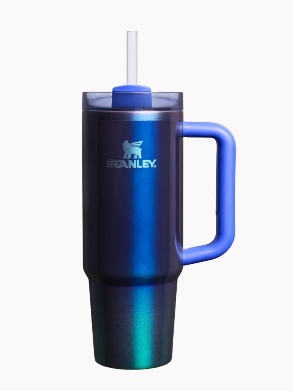 Stanley Iridescent Blue-Green Metallic Insulated Tumbler with Handle and Straw